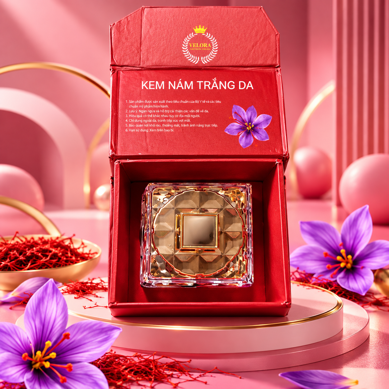 Hộp Velora Saffron mở và lọ kem